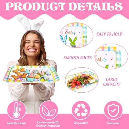 JarThenaAMCS 3Pcs Easter Serving Trays Reusable Serving Dishes Watercolor Pastel Plaid Rabbit Egg Platter for Spring Party Sharing Snacks Fruits Dessert, 13 x 10 Inch