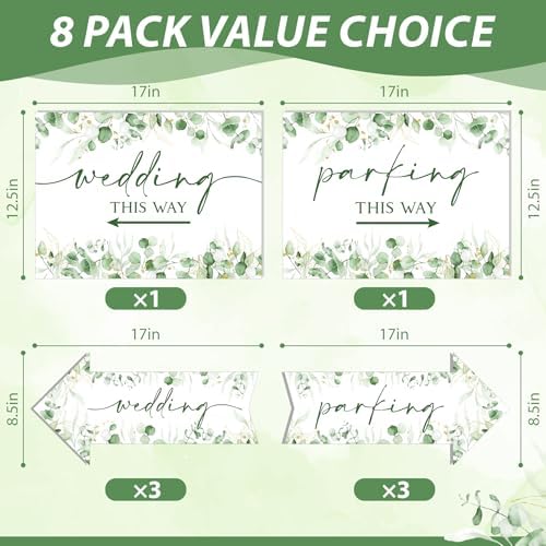 8 Pcs 17 × 8.5" Wedding This Way Directional Parking Signs Road with Stakes Large Double Sided Direction Printed Ceremony Reception Lawn Yard Arrow Sign Exquisite Plastic Rainproof (Green Leaves)