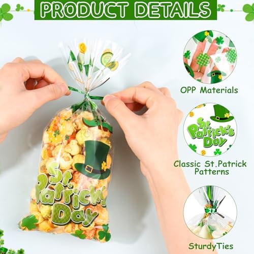St. Patricks Cellophane Treat Bags – 50 Pack Green Shamrock Goodie Gift Bags with Twist Ties, 5×11 Inch Clear St. Patricks Candy Cookie Bags for St. Patrick Day Irish Party, Classroom, Holiday Favors