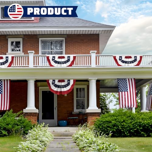 5Pack American Pleated Fan Flag 1.5x3 Ft USA Patriotic Bunting 4th of July Bunting Flags Decor Outside Porch Garden Banner Embroidered Stars & Sewn Stripes Canvas Header Brass Grommets