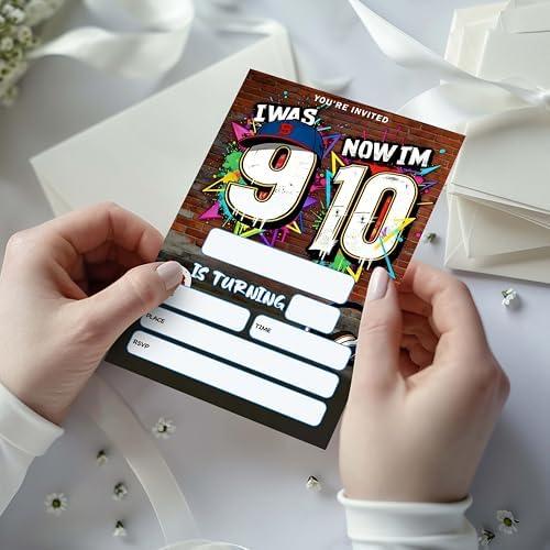 4x6 I Was 9 Now I'm 10" Urban 10th Birthday Invitation Set (20 Cards + 20 Envelopes) – Street Style Sports Themed Party Invites.(171)