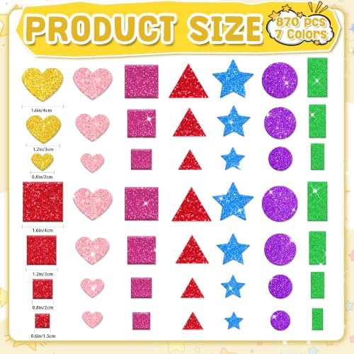 Foam Stickers, 870 PCS 3D Glitter Foam Geometric Shape Stickers, 7 Colors