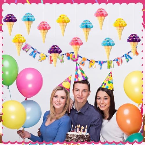 Gueevin 12 Pcs Ice Cream Party Decorations Summer Ice Cream Hanging Honeycomb Balls Decor Tissue Paper Hanging Ceiling Decor for Sweet Party Home Birthday Baby Shower Favor