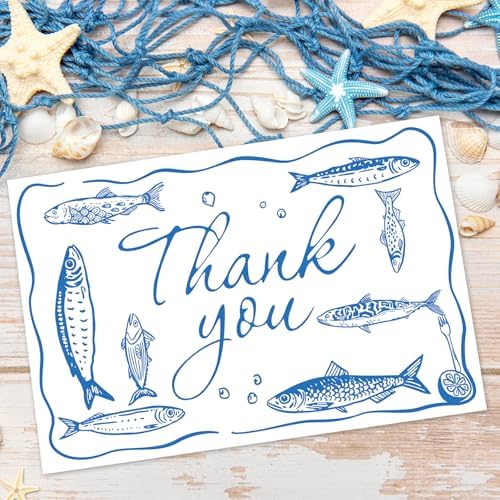 Whaline 24 Pack Sardine Thank You Cards Blue Fish Market Greeting Card with Envelope Sticker Blank Note Card for Summer Coastal Theme Birthday Baby Shower Dinner Party