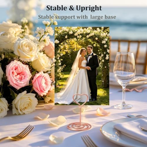 Jofefe 20pcs Mini Place Card Holder, Table Number Holders, Table Card Holders, Table Number Stands, Wire Table Picture Photo Holder Menu Clips for Wedding Favors with Heart Shaped (Rose Gold)