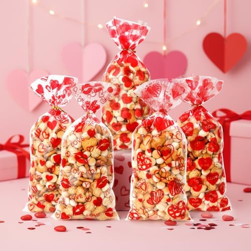 100 PCS Valentines Cellophane Bags(5x11 Inch) with Ties for Candy Goodie Treat Snack Goody Cookie Small Gifts Wrap Plastic Ziplock Bag Baggies Pouch Valentine Galentine Party Favors Supplies Decor