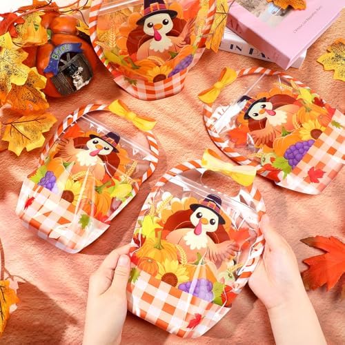 Fuutreo 12 Pcs Fall Treat Bags, Turkey Goodie Bags with Handles, Plastic