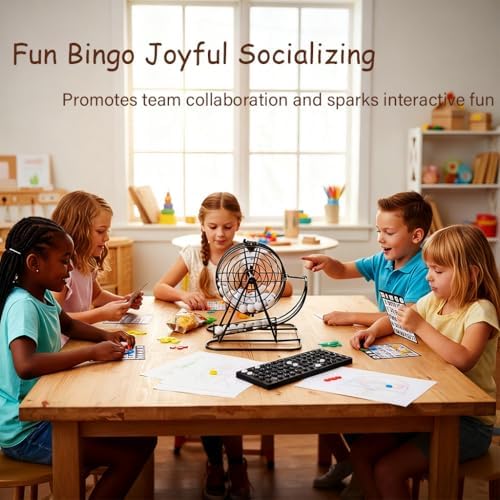 Bingo Cage Game Set for Adults and Youths，Premium Bingo Set includes 8inch rotating metal cage, 75 bingo balls, 18 cards, 150 chips, and foldable main board. Ideal for family bingo and parties