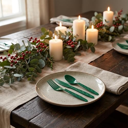 360Pcs Dark Green Plastic Silverware Set, Disposable Forks Spoons Knives