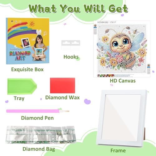 Bee Diamond Art Painting Kits for Kids with Frame, Animal Diamond Painting Kits for Kids Ages 4-8-12, Easy Gem Arts and Crafts Gift for Girls Boys Adult Beginners Home Wall Decor(7x7inch)