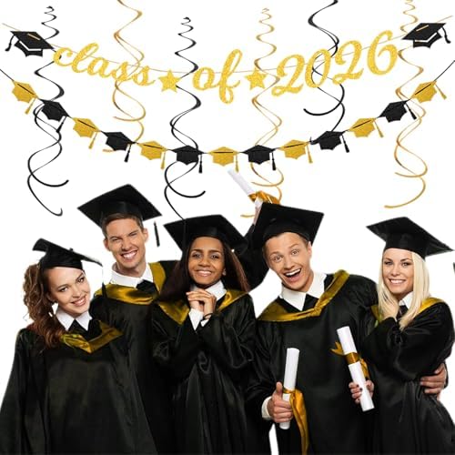 Black Gold Graduation Party-Decorations Garland - 36pcs Congrats Grad Class 2026 Banner,Hat Hanging Streamers,College High School Congratulations Master Celebration Classroom Backdrop Decor Burgleda