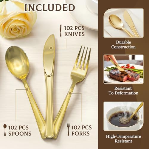 Glowserve 306 Pack Gold Disposable Plastic Silverware Set Cutlery Set