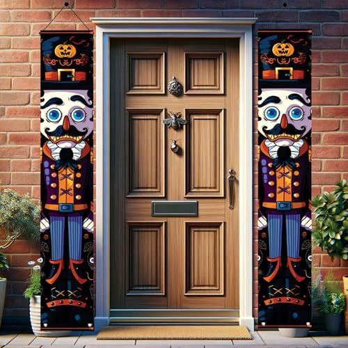 2PCS Halloween Nutcracker Porch Banners 71 x 12 Inch Front Door Hanging Decorations Spooky Pumpkin Soldier Outdoor Signs for Haunted House Party Entryway Wall Decor Halloween Banner Set