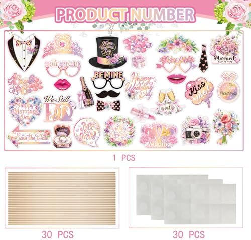 Wedding Photo Booth Props Kit, 30Pcs Romantic Watercolor Floral Handheld Cutouts, Funny Selfie Signs for Bridal Shower, Bachelorette, Engagement, Valentine's Day (Pink)