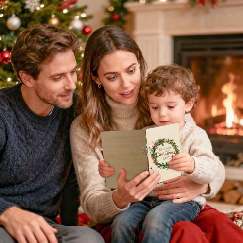 Wooden Christmas Card Organizer Merry Christmas Greeting Card Holder Xmas Holiday Post Cards Keeper Wood Memories Book or Binder for Storage Keepsake Album Photo Notes Gift Winter Past