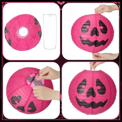 Bencailor 16 Pcs Halloween Paper Lanterns Ghost Bat Pumpkin Halloween Party Paper Lanterns Black White Red Round Hanging Party Decorations for Holiday Indoor Outdoor Decor