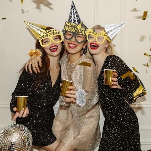 42 Pieces 2026 New Year's Eve Party Supplies Kit - Black Gold Silver Happy New Year Paper Glasses, Headband Tiaras, Cone Hats, Noise Makers for New years Eve Party Decorations