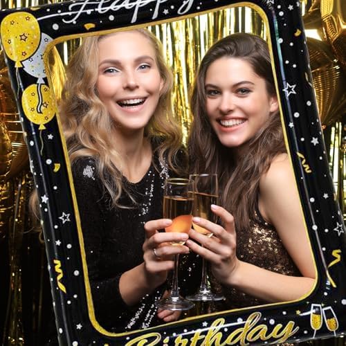 Birthday Inflatable Photo Booth Frame, 30PCS Black Gold Photo Booth Props, Inflatable Selfie Frame Cheer to 18 20 30 40 50 60 70 Years Old Decor Supplies for Men Women Boys Girls