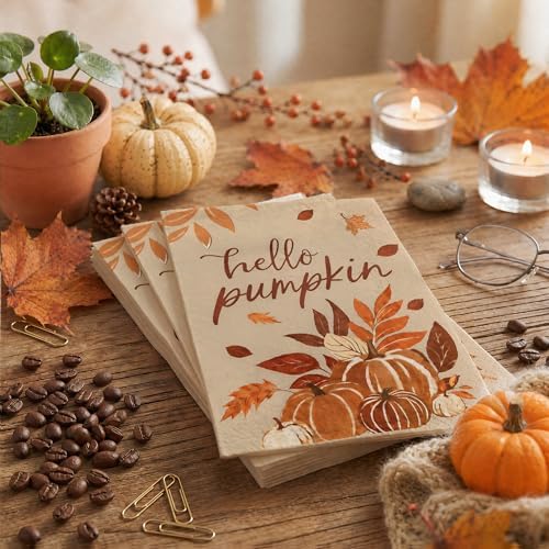 200 Pcs Fall Pumpkins Disposable Paper Napkins 2-Ply Absorbent Thanksgiving Harvest Autumn Dinner Guest Towels for Fall Party Bathroom Table Decor