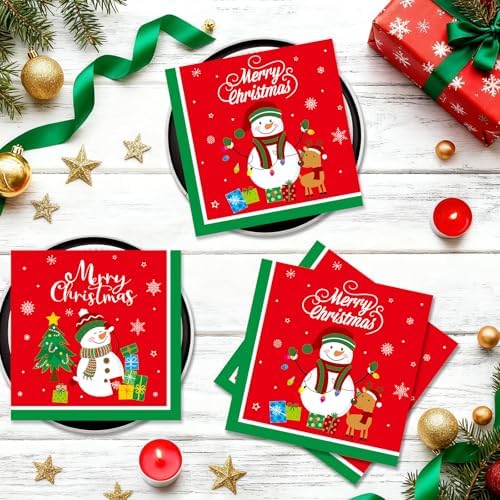 50 Pcs Merry Christmas Napkins - 13 Inch Disposable Christmas Napkins Paper, Snowman Xmas Cocktail Napkin Dinnerware Set for Xmas Party Decorations Tableware Supplies Table Decor Favors