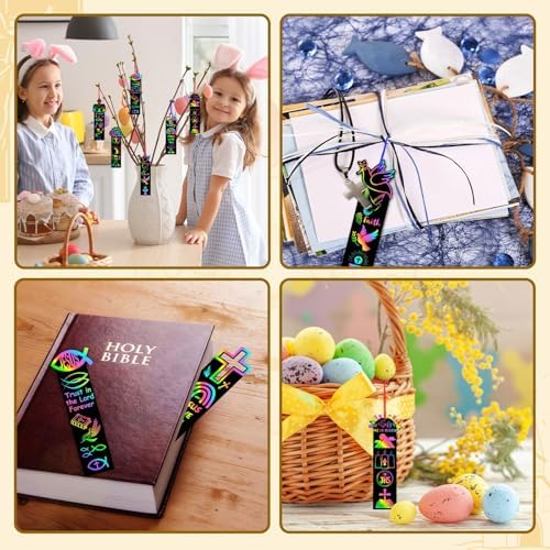 AUGSUN 96Pcs Religious Easter Scratch Bookmarks Christian Crafts for Kids