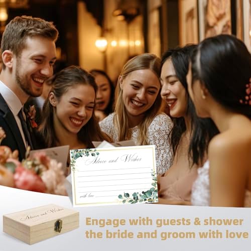 Eucalyptus Wedding Advice and Wishes Cards with Gift Box - 60 Greenery Marriage Advice Cards for Bride and Groom - Bridal Shower Games and Wedding Guest Book Alternative for Reception