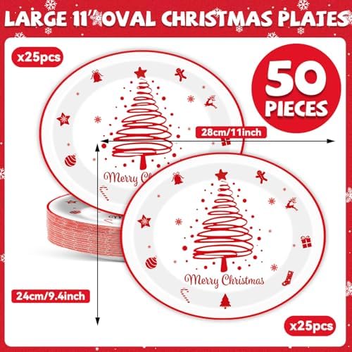 Lonfliness 50PCS Christmas Tree Oval Paper Plates Merry Christmas Red White Paper Plate Decorations Snowflake Gifts Candy Disposable Tableware Large 11inch Decor for Xmas Gathering Dinner Supplies