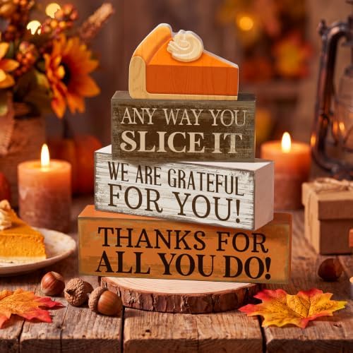 Moucuny 4 Pcs Fall Coffee Table Decor, Grateful Pumpkin Pie Wood Block Sign