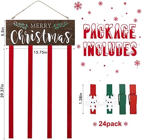 Christmas Card Holder Display, Card Holder Wall Display, Merry Christmas Wooden Decor, Xmas Hanging Picture Holders with 24 Photo Clips, Xmas Decor for Wall Door Window Home