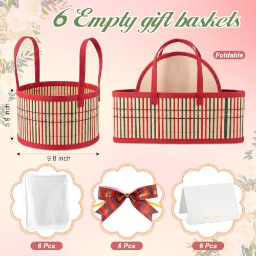 Weysat 6 Set Baskets for Gifts Empty Bulk, Large Woven Bamboo Gift Basket Kit with Handles, Bow, Wrap Bag to Fill for Raffle Thanksgiving Day Wedding Birthdays Party Wrapping (Red and Green)