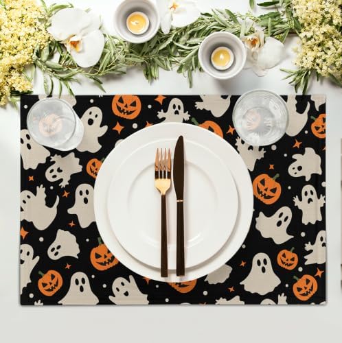 Halloween Placemats Set of 4 12x18 Inch Cute Ghost Pumpkin Table Mats Orange and Black Spooky Rustic Farmhouse Place Mat for Party Kitchen Dining Fall Decor