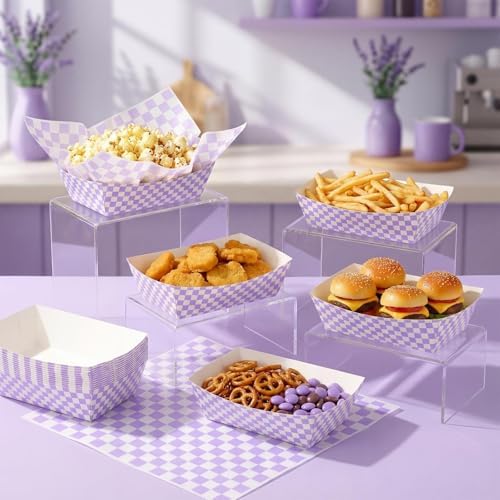Geosar 100 Pcs Gingham Paper Food Tray with Wax Paper,Purple White