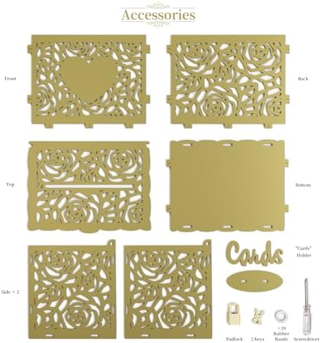 Jolik Love Wedding Card Box with Sign, Large Rustic Locking Money Box Holder for Wedding Reception, Gift Card & Envelope Storage, DIY Anniversary & Birthday Party Decoration (Gold)