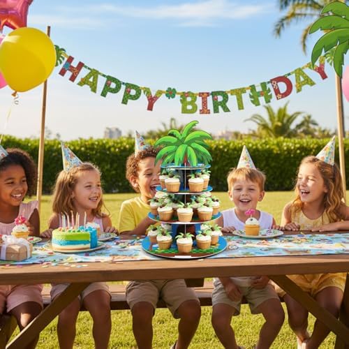 Blue Cupcake Stand Cartoon Themed Birthday Party Decorations 3 Tier Palm Tree Dessert Cake Toppers Stand Decorations Cupcake Holder Tower for Video Games Party Supplies Pixel Baby Shower