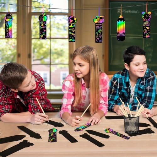 JUNEBRUSHS 30Pcs Welcome Back to School Scratch Bookmarks Rainbow Scratch