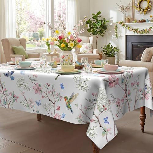 Spring Floral Tablecloth 52x70 Inch, Spring Birds Branch Floral Decorations for Home Table Cloth Rectangle Decor Tablecloths Polyester for Picnic Party Dinner
