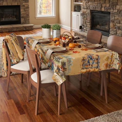 Fall Tablecloth 52x70 Inch Rectangle, Fall Harvest Decorations for Home Table Cloth, Truck Scarecrow Pumpkin Decor Washablae Seasonal Autumn Thanksgiving Tablecloths Polyester for Picnic Party Dinner