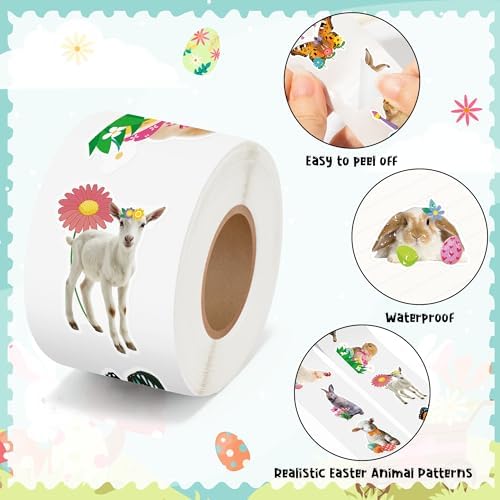 H1vojoxo Easter Animal Sticker Rolls - 1000PCS Realistic Animal Stickers for Kids 16 Designs Self-Adhesive Realistic Animals Stickers for Easter Party Supplies Cute Animals Sticker for Craft Envelopes