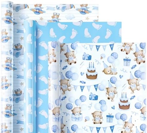 WRAPAHOLIC Bear Baby Shower Wrapping Paper - Mini Roll - 3 Rolls - 17 Inch x 120 Inch - Adventure Bear in Airplane and Party Design for Baby Shower, Boy Birthday
