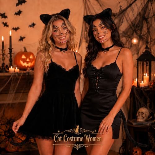 Black Cat Ears Headband, Tail, Choker & Face Stickers Set - Black Cat Costume Outfit Woman Adult Women, Halloween Cosplay Costume Dress Up Party Accessories