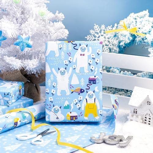 WRAPAHOLIC 30 Inch Reversible Christmas Wrapping Paper - 30 Inch x 33 Feet - Winter Snow Monster and Christmas Tree Wrapping Paper for Xmas Holiday, Party Celebration