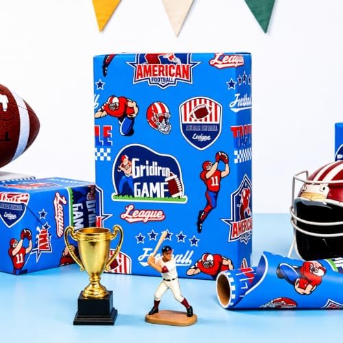 Yarcony Football Wrapping Paper, Vintage Football Gridiron Game Gift Wrapping Paper for Birthday, Sports Themed Party, Super Bowl, Kids Birthday, Holiday, Fathers Day (17 In x 16.5 Ft, Mini Roll)