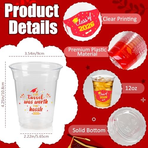 GuassLee Red Gold Graduation Decorations 2026 Party Cups - 50pcs 12 Oz Red and Gold Disposable Graduation Plastic Clear Cups for Drinks Class of 2026 Grad Party Supplies