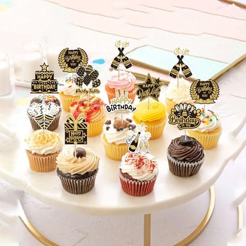 40 PCS Happy Birthday Cupcake Toppers Double Sided Balloon Star Cheers Party Time Happy Birthday Cupcake Picks for Celebrating Anniversary Theme Party Cake Decorations Supplies Black Gold