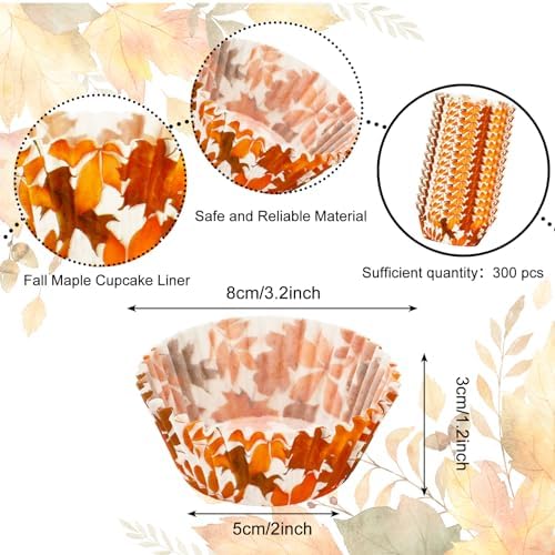 Whaline 300Pcs Fall Cupcake Liners Orange Maple Leaves Paper Baking Cups Thanksgiving Watercolor Leaves Cake Muffin Liner Cupcake Wrappers for Autumn Harvest Party Supplies, 2 x 1.2 Inch