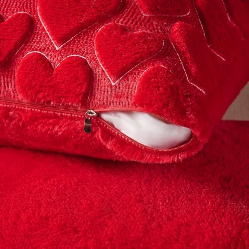 Softalker Red Heart Pillow Covers 18 x 18 Inch Set of 2, Mother's Day Decorative Soft Faux Fur Cushion Covers, 3D Embroidered Pillow Cases for Spring Summer Home Decor