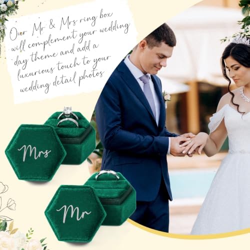 Mr & Mrs Velvet Wedding Ring Box 2 Slots Cursive Hexagon Jewelry Ring Box for Wedding Day Ceremony Bridal Photography Gift Set of 2 (Emerald Green)