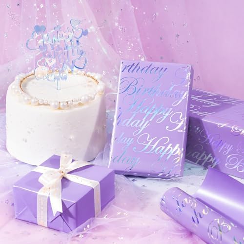 WRAPAHOLIC 30 Inch Reversible Birthday Wrapping Paper - 30 Inch x 33 Feet - Puprle and Silver Foil Happy Birthday Wrapping Paper for Girls, Women, Kids, Baby Shower
