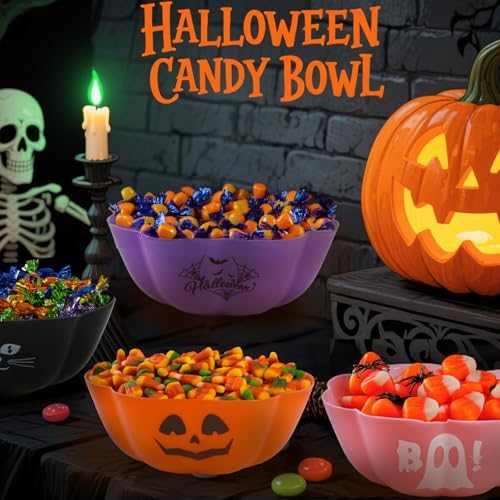 4 Pcs Large halloween candy bowl Trick or Treat Candy Bowl 11.6x4.3 Inch Reusable Plastic Pumpkin Bowl for Halloween Party Decor Supplies (Pink)