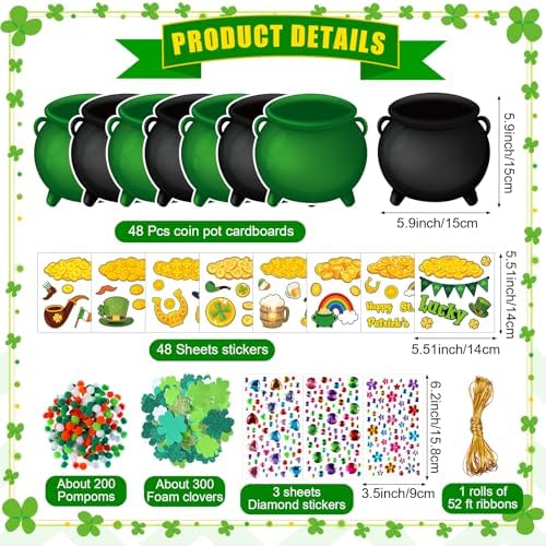 Funrous 48 Sets Crafts Kit Paper Crafts DIY Make Your Own Hanging Ornaments with Pompoms Diamond Stickers for Holiday Classroom Activities Party Favors, St. Patrick's Jar